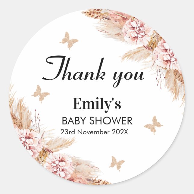 Blush Boho Floral Butterfly Kisses Baby Shower  Classic Round Sticker (Front)