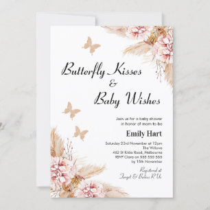 Blush Boho Floral Butterfly Kisses Baby Shower Invitation