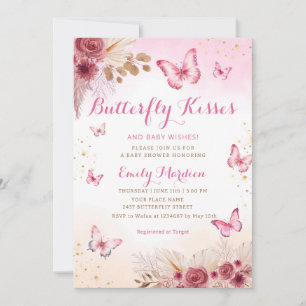 Blush Boho Floral Butterfly Kisses Baby Shower Invitation