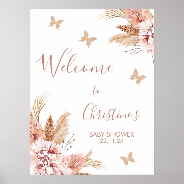 Blush Boho Floral Butterfly Kisses Baby Welcome  P Poster (Front)