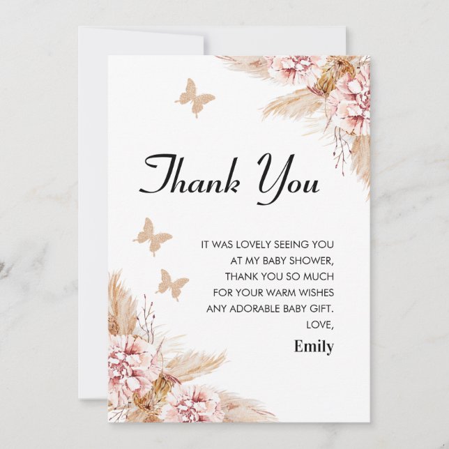 Blush Boho Floral Butterfly Kisses Thank You Card (Front)
