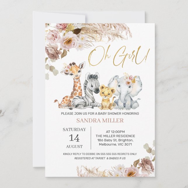 Blush Boho Floral Oh Girl Safari Baby Shower Invitation (Front)