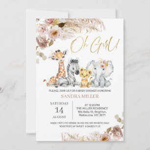Blush Boho Floral Oh Girl Safari Baby Shower Invitation