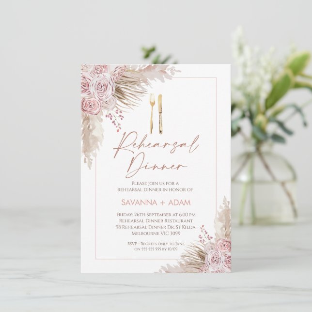 Blush Boho Floral Pampas Cutlery Rehearsal Dinner Invitation (Standing Front)