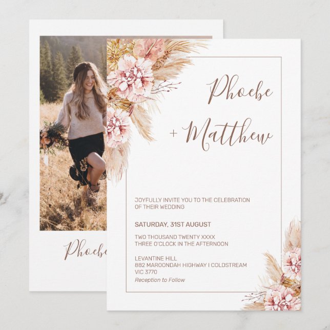 Blush Boho Floral Pampas Grass Wedding Invitation (Front/Back)