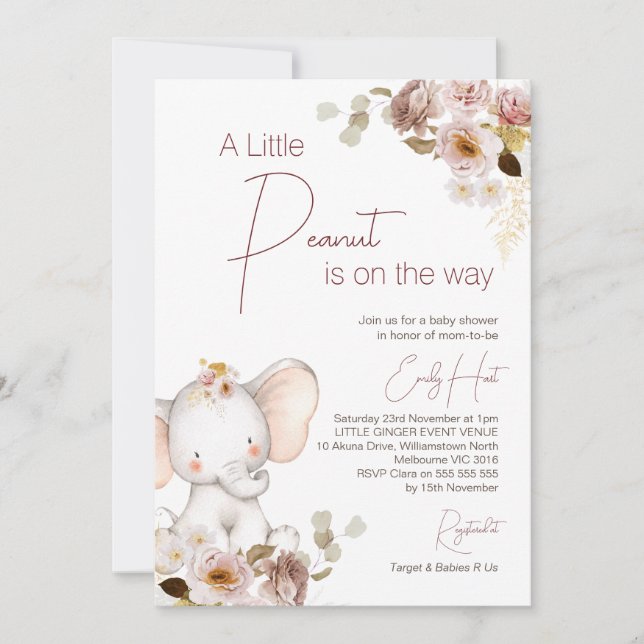 Blush Boho Floral Peanut Elephant Baby Shower  Invitation (Front)