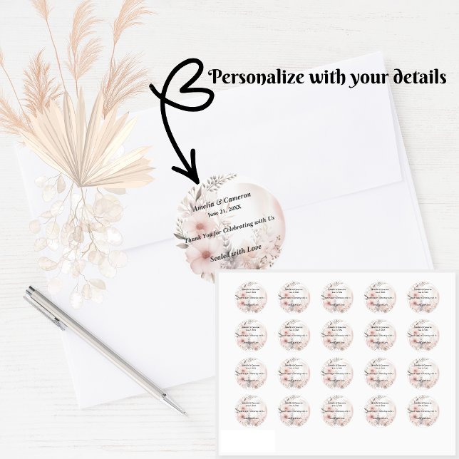 Blush Boho Floral Wedding Classic Round Sticker (Set the tone for your romantic celebration with our elegant boho blush & beige wedding suite)