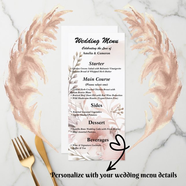 Blush Boho Floral Wedding Menu Card (Set the tone for your romantic celebration with our elegant boho blush & beige wedding suite)