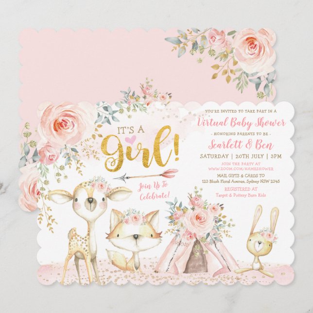 Blush Boho Floral Woodland Virtual Baby Shower Invitation (Front/Back)