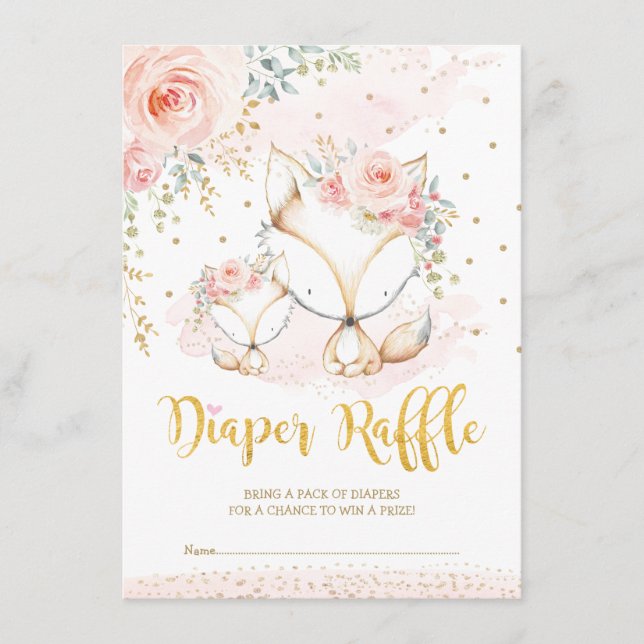 Blush Boho Flowers Baby Fox Diaper Raffle Enclosure Card (Front)