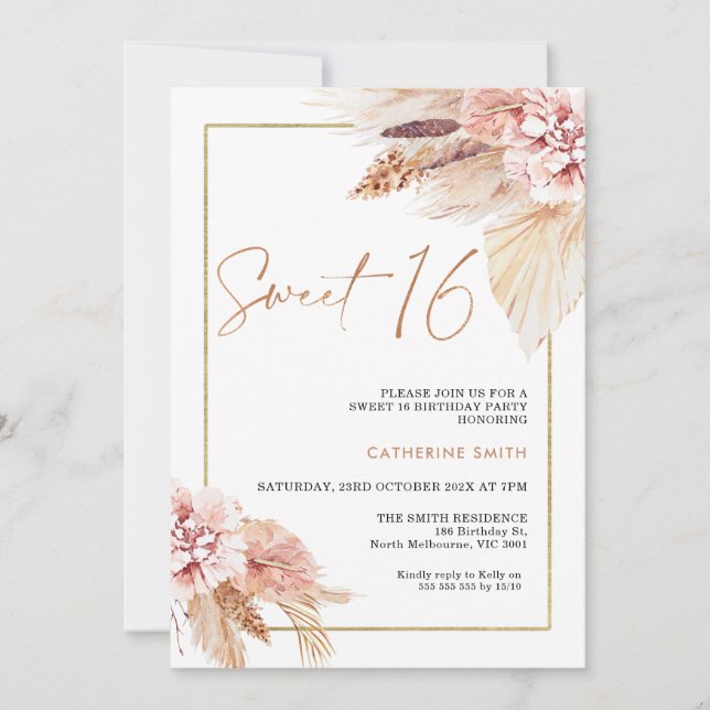Blush Boho Pampas Grass Sweet 16 Birthday Invitation (Front)