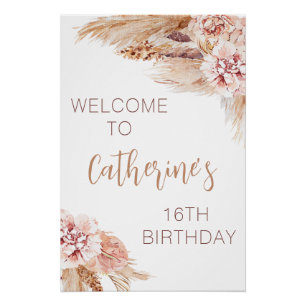 Blush Boho Pampas Grass Sweet 16 Birthday Poster