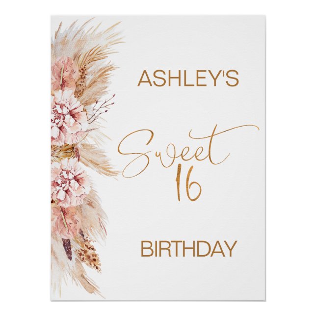 Blush Boho Pampas Grass Sweet 16 Birthday Welcome  Poster (Front)