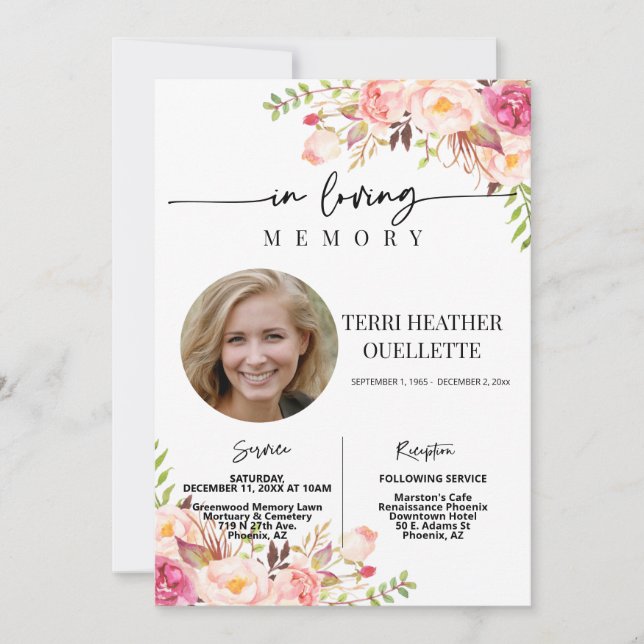Blush Boho Photo Funeral Memorial Service Invitation (Front)