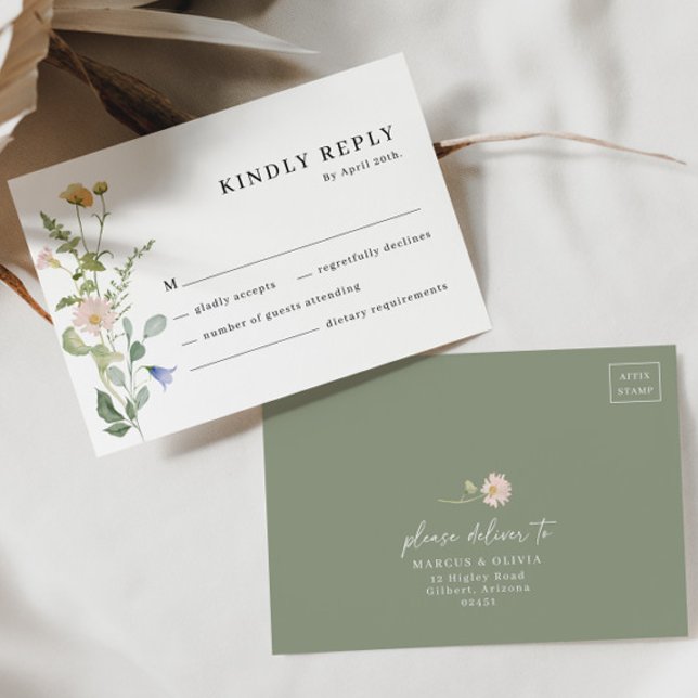 Blush Boho Wildflower Elegant Wedding RSVP Card (Front/Back)