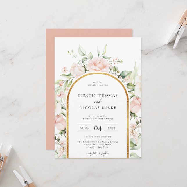 Blush Botanical Floral Arch Frame Wedding Invitation (Front/Back In Situ)