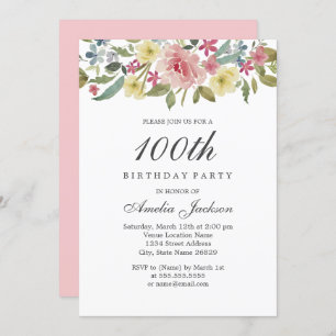 Blush Botanical Watercolor 100th Birthday Party Invitation