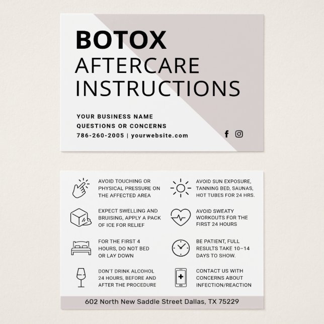 Blush Botox Injection Aftercare Instruction Card (Front & Back)