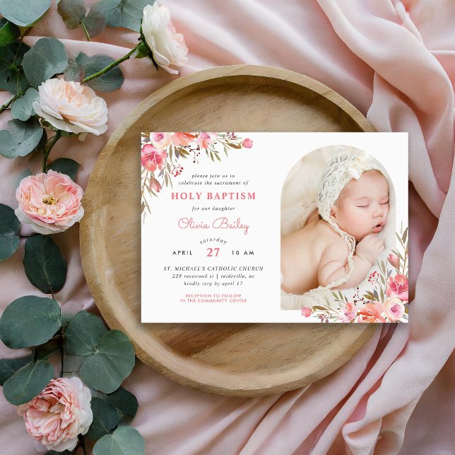 Blush Bouquet Floral Baby Girl Photo Baptism Invitation (Creator Uploaded)