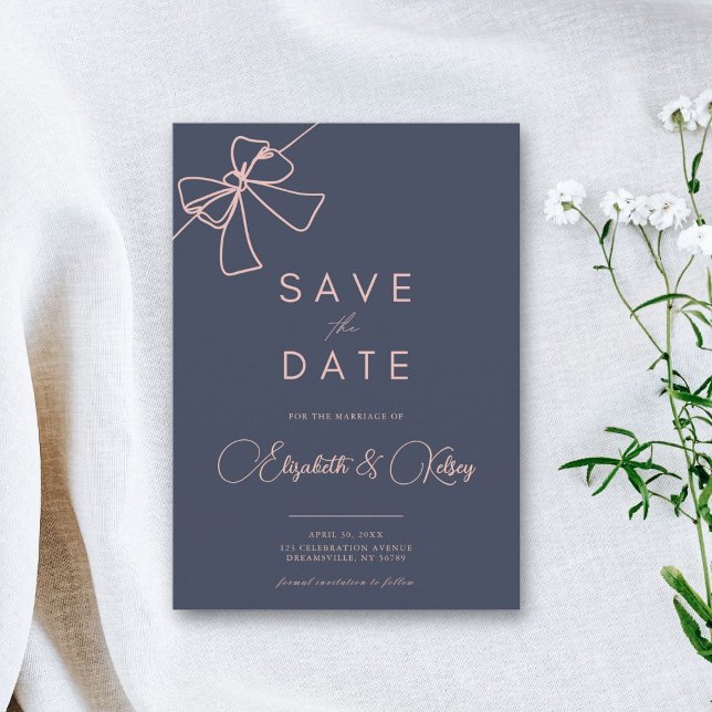 Blush Bow Elegance Chic Slate Blue save the date (Creator Uploaded)