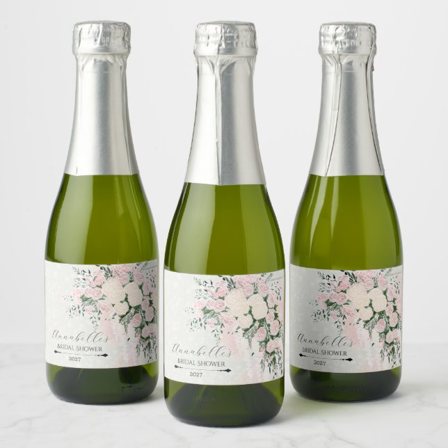 Blush Bow Rose Wisteria Bouquet Mini Sparkling Wine Label (Bottles)