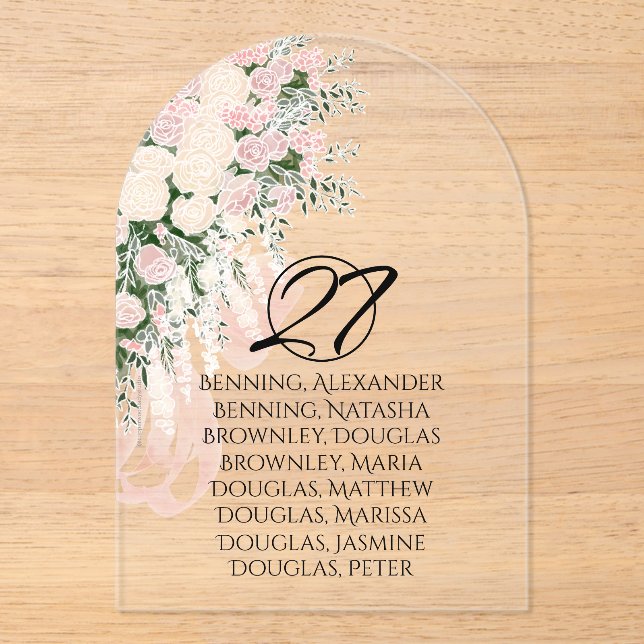 Blush Bow Rose Wisteria Cascading Bouquet  Acrylic Invitations (Front)