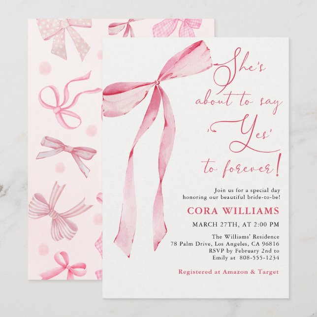 Blush & Bows She's About To Say Yes Bridal Shower Invitation (Front/Back)