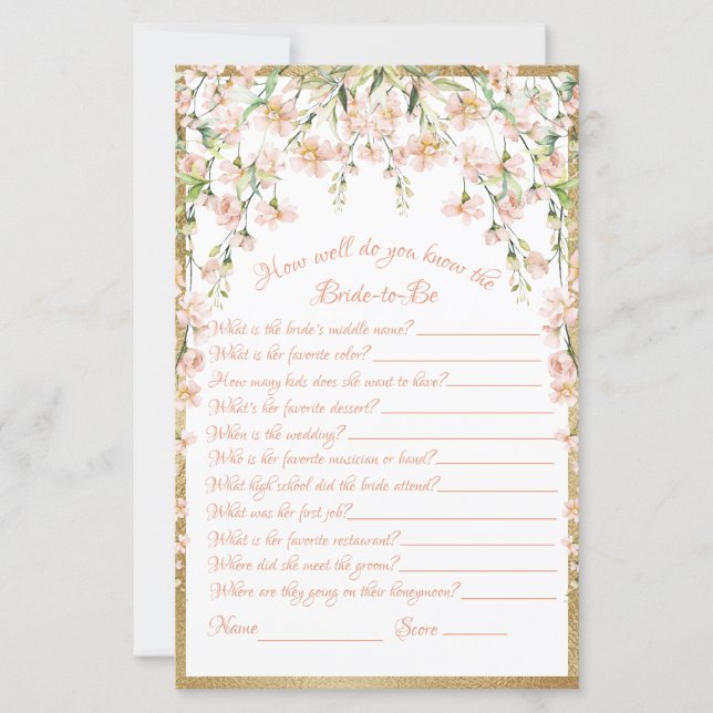 Blush Bridal Shower Game Wedding (Front)