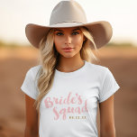 Blush Bride's Squad Personalised Bachelorette T-Shirt<br><div class="desc">Custom bridal party tees and tanks with "Bride's Squad" graphic in a stylish brush script. Personalise it with your wedding date,  wedding hashtag,  names or other custom text. Perfect gift for bride,  bridesmaids and wedding party to wear for the bachelorette party or wedding day!</div>