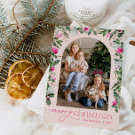 Blush Bright Pink Greenery Arch Christmas 1 Photo Holiday Card<br><div class="desc">This collection features watercolor bright pink florals,  berries & winter greenery with modern & elegant typography,  with a winter botanical pattern back.</div>