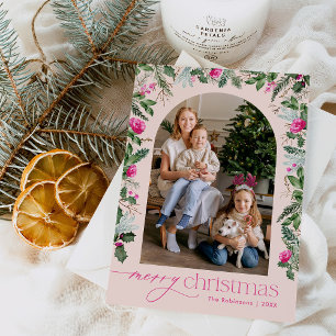 Blush Bright Pink Greenery Arch Christmas 1 Photo Holiday Card