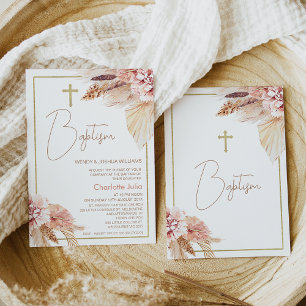 Blush Brown Boho Floral Baptism Invitation