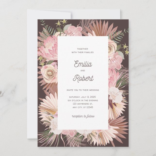 Blush Brown Floral Dry Leaves Wedding Invitation  (Front)