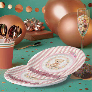 blush brown teddy bear floral watercolour paper plate