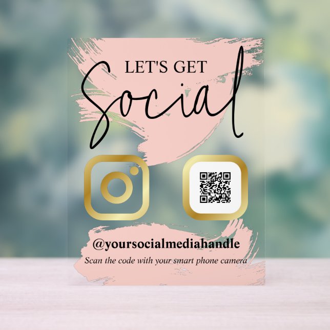 Blush Brushstrokes Faux Gold Let's Get Social Acrylic Sign (Neutral)