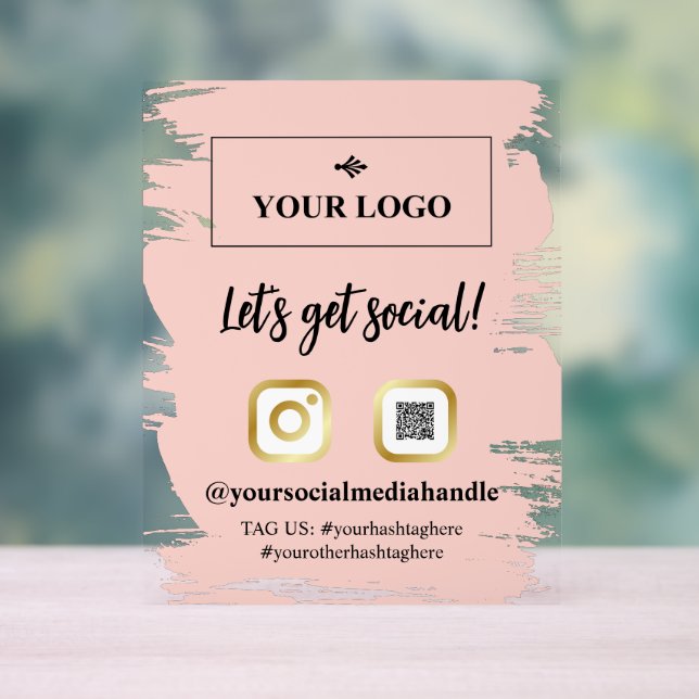 Blush Brushstrokes Gold Logo Let's Get Social Acrylic Sign (Neutral)