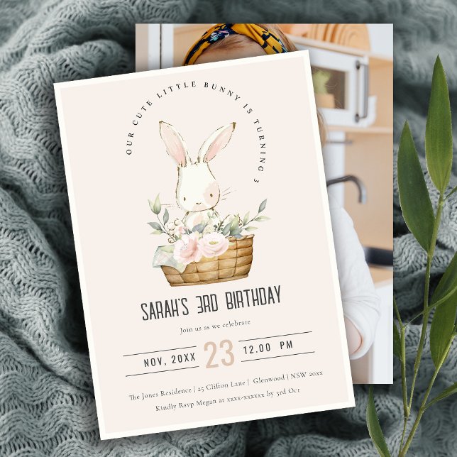 Blush Bunny In Floral Basket Kids Photo Birthday Invitation (Creator Uploaded)