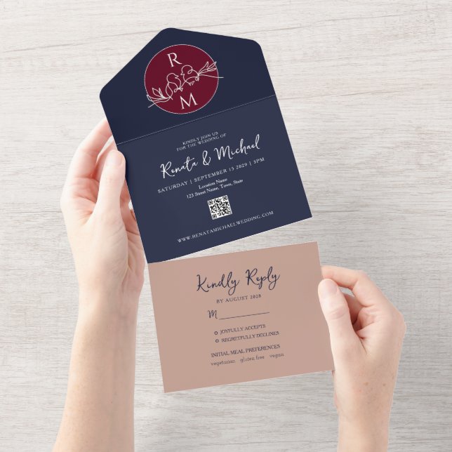 Blush Burgundy and Navy Blue Wedding All In One Invitation (Tearaway)