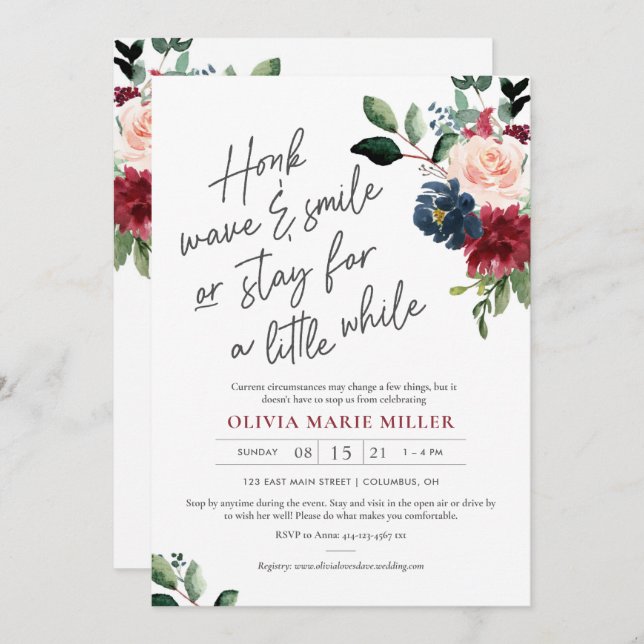 Blush Burgundy and Navy Drive By Bridal Shower Invitation (Front/Back)