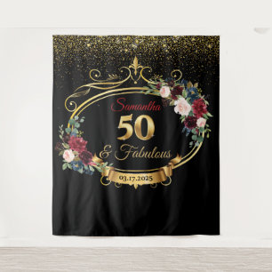 Blush Burgundy and Navy Floral Birthday Backdrop Tapestry