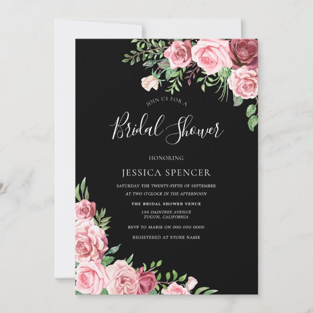 Blush & Burgundy Black Floral Bridal Shower Invite (Front)