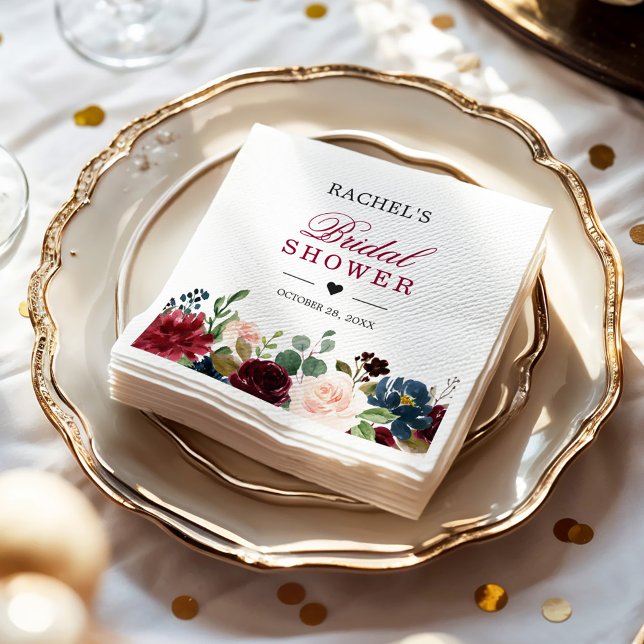 Blush Burgundy Blue Floral Chic Bridal Shower Napkin (Creator Uploaded)