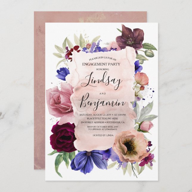 Blush Burgundy Blue Floral Engagement Party Invitation (Front/Back)
