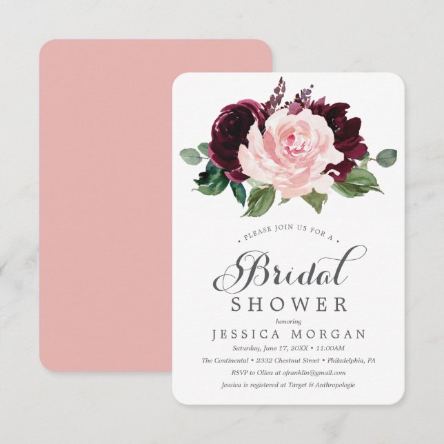 Blush Burgundy Bridal Shower Invitation Card (Front/Back)