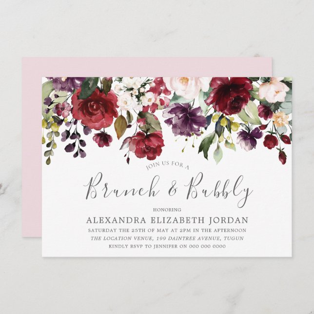 Blush & Burgundy Brunch & Bubbly Bridal Shower Invitation (Front/Back)