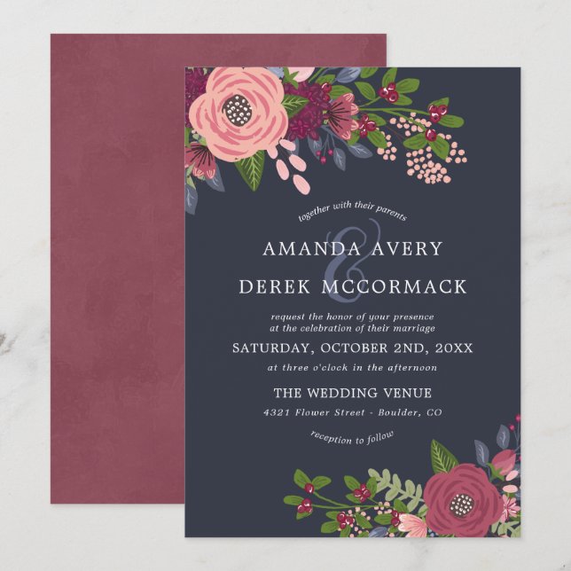 Blush & Burgundy - Dark Blue Wedding Invitation (Front/Back)