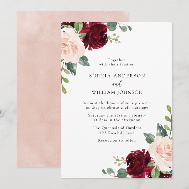 Blush & Burgundy Dream Watercolor Floral Wedding Invitation (Front/Back)