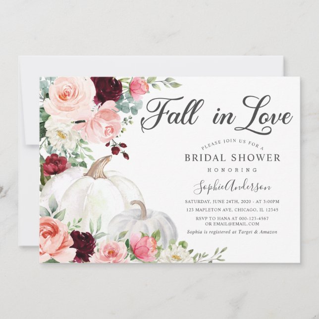 Blush Burgundy  Fall in Love Pumpkin Bridal Shower Invitation (Front)