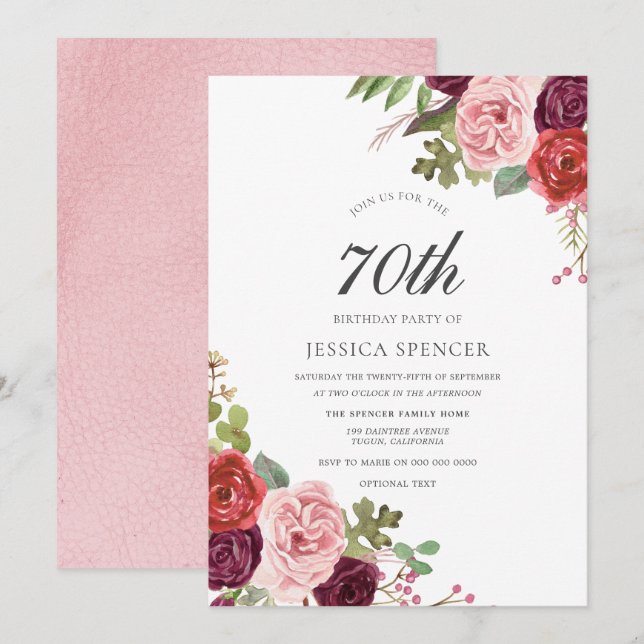 Blush & Burgundy Floral 70th Birthday Party Invite (Front/Back)