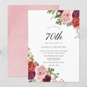 Blush & Burgundy Floral 70th Birthday Party Invite